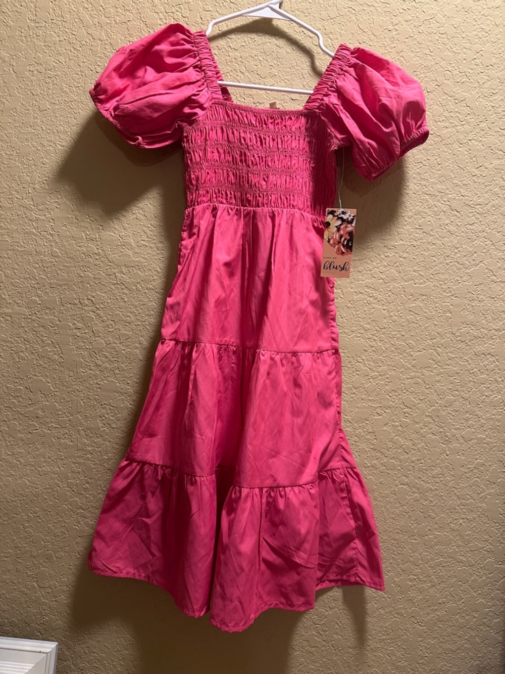 Blush Hot Pink Tiered Puff Sleeve Casual Dress